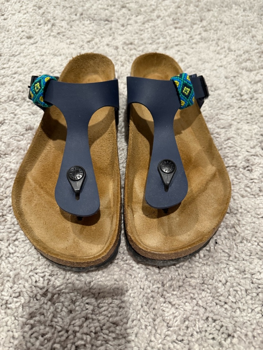 Birkenstock Women’s T-Strap Cork Footbed Sandals in Navy